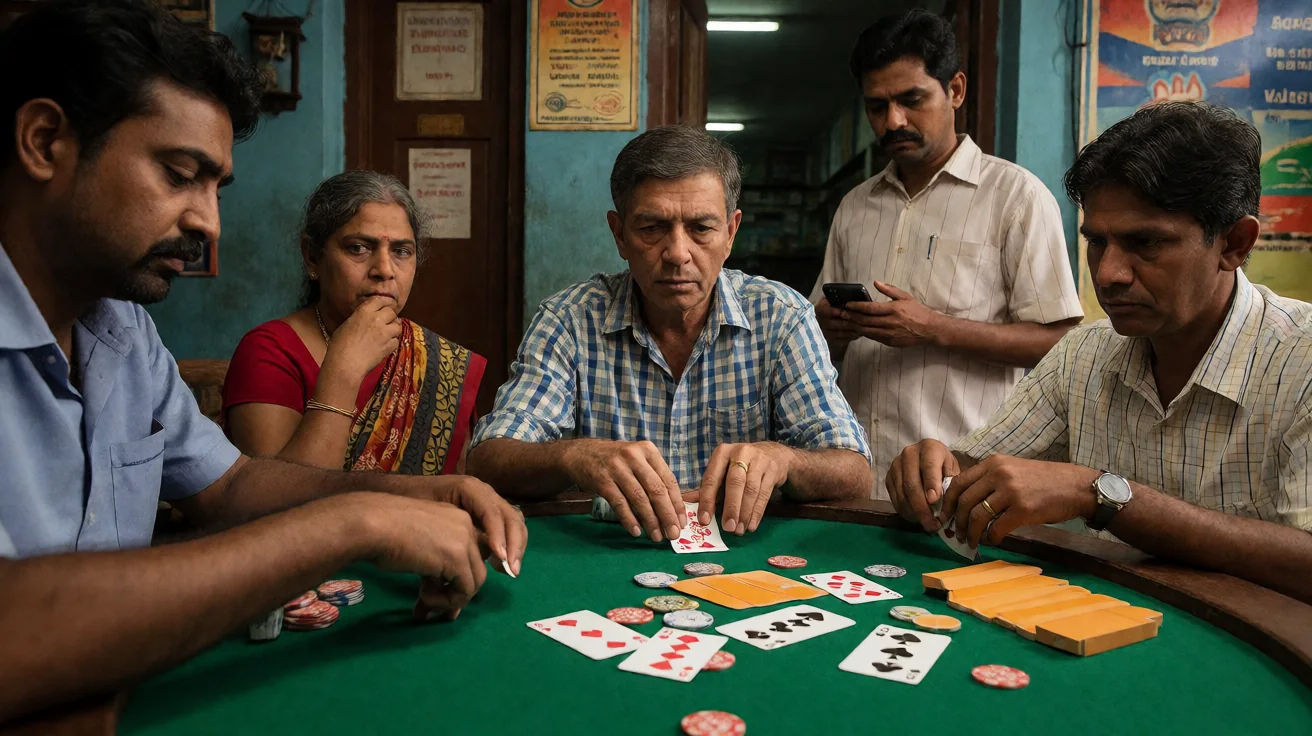 Wide editorial photograph of a four-player rummy table at a soft window-lit interior, showing partially fanned hands and a stack of ceramic coasters on a pale wood surface.