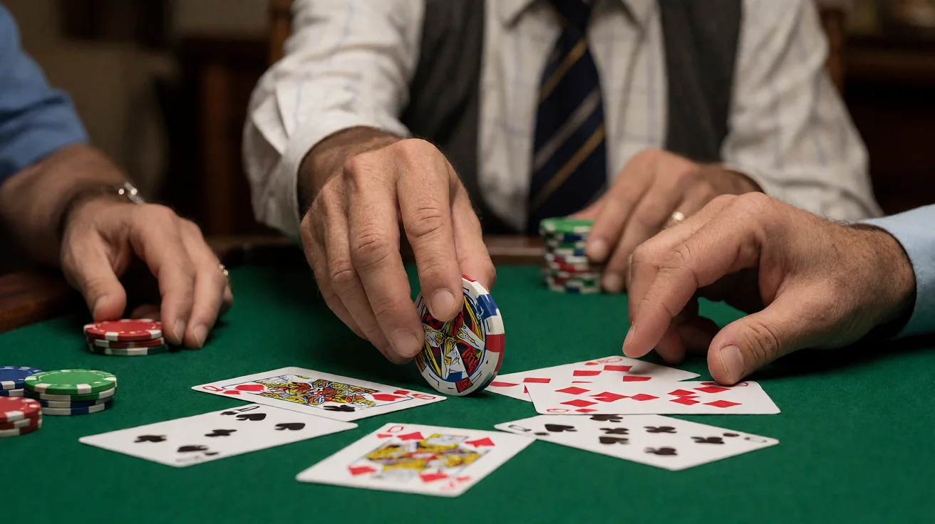 Editorial photograph of a single joker card resting on a kraft coaster beside a fountain pen and a small leather notebook, lit by soft side light from a frosted pane.
