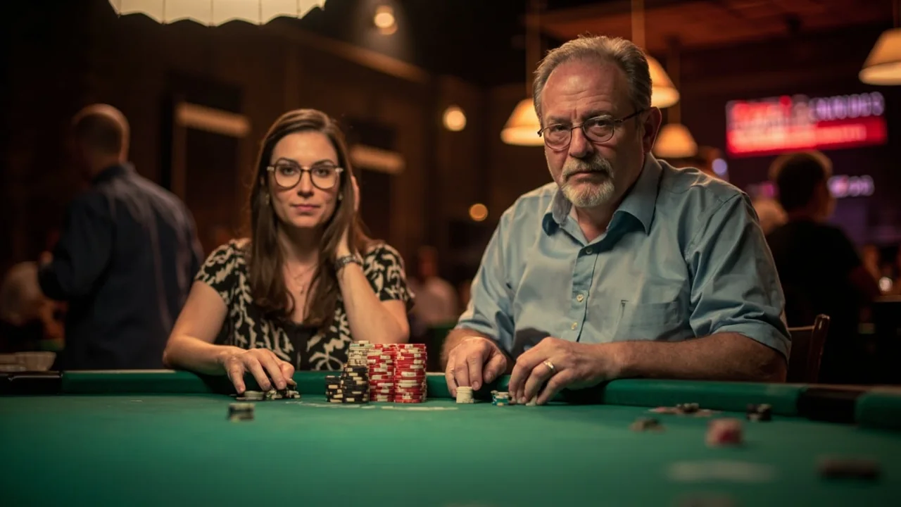 Wide editorial photograph of a four-player rummy table at a soft window-lit interior, showing partially fanned hands and four ceramic cups on a pale wood surface.