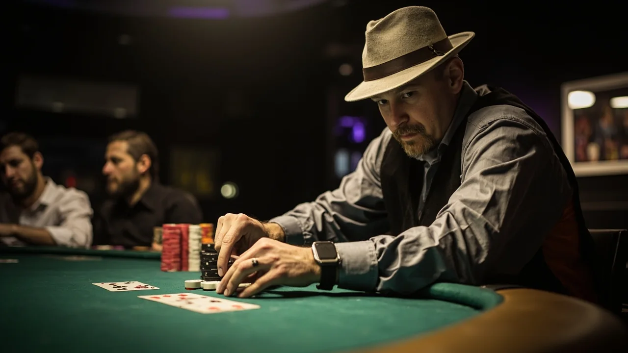 Editorial medium-shot photograph of a rummy hand mid-discard at a wooden table beside a brass paperweight and a small ceramic cup, with soft daylight from a north-facing window.